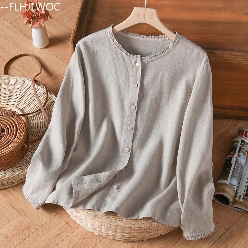 Katoen Linnen Tops Blouses Leuke lieve meisjes Vrouw Lange mouw Japanse stijl Effen ruches Retro Vintage Basics Katoenen shirts