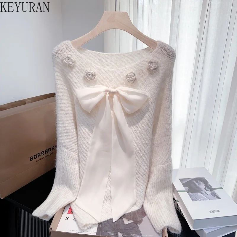 Suéteres rosas con mangas de murciélago y flores en 3D para mujer, jerséis elegantes holgados Vintage, Tops de punto, Otoño/Invierno