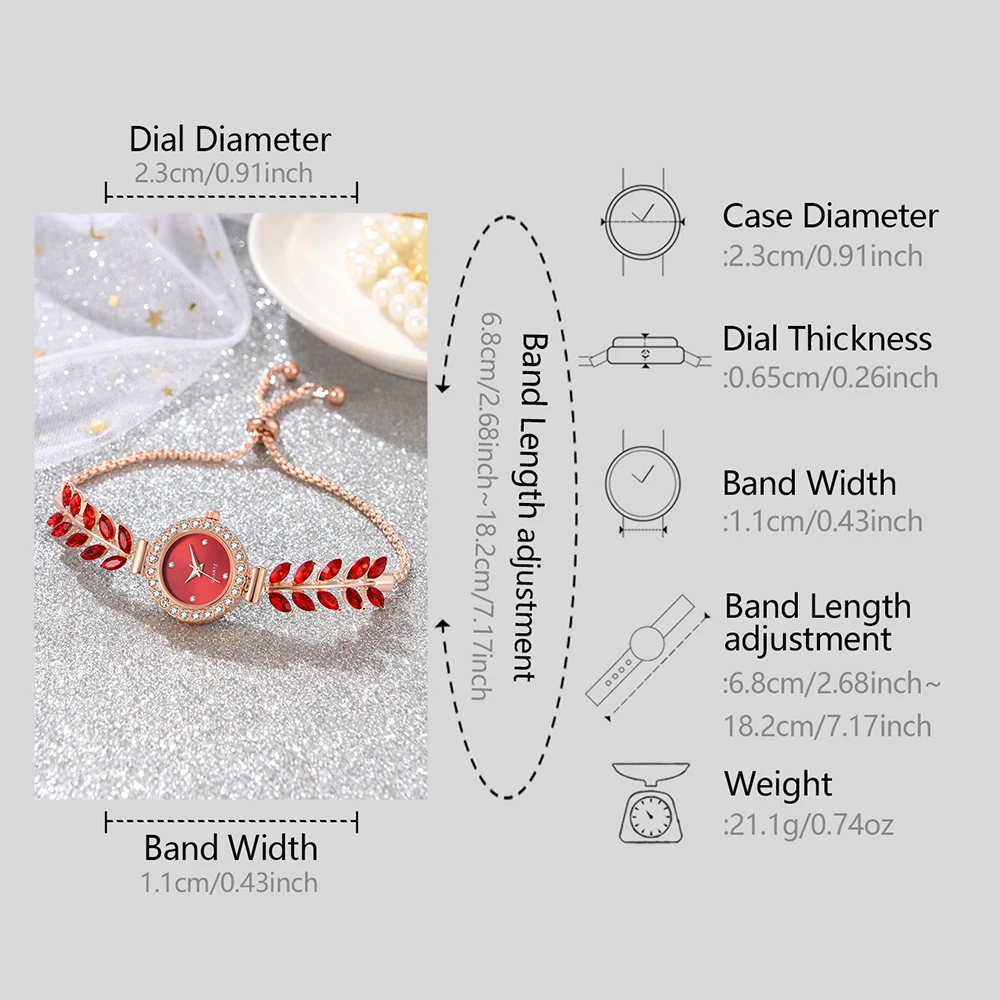 6PCS/Set Women Red Watch Fashionable Luxury Red Dial Quartz Wristwatch Alloy Strap Watch Red Gemstone Jewelry Set Gift For Mom