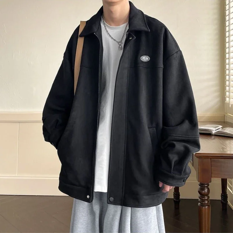 

Men's Premium Winter Fleece Lined Thickened Woolen Lapel Jacket Loose Fit Versatile Luxury Hong Kong Youth Coat