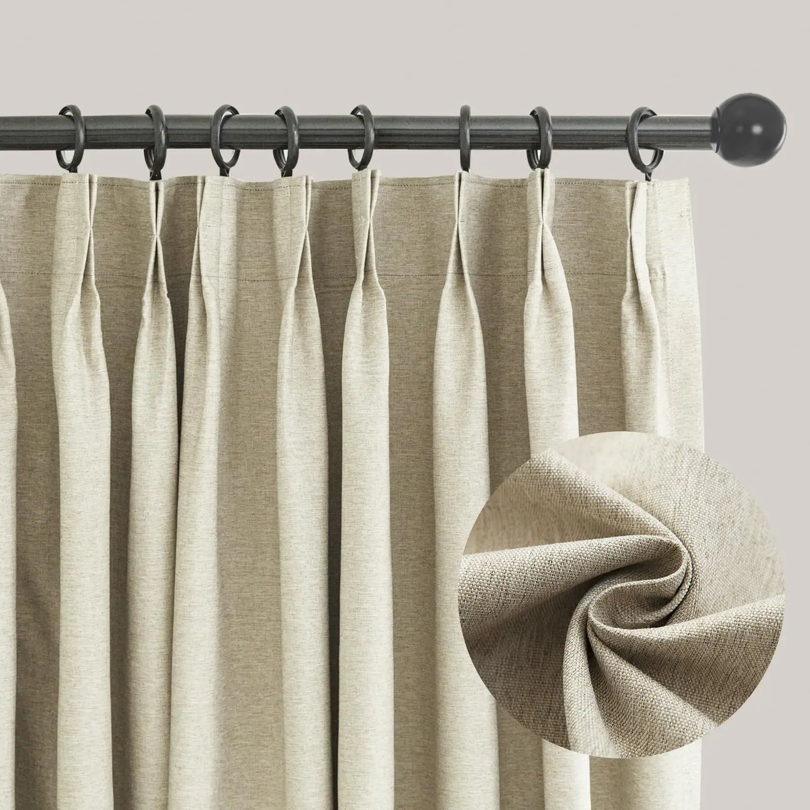 Pinch Pleated Linen Texture Beige Curtains 108 inches Long, Extra Wide 100% Blackout Privacy Window Curtains Panels