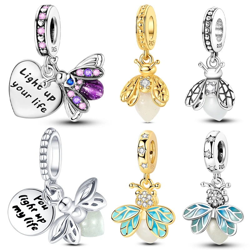 New Glow-In-The-Dark Fireflies Pendants 925 Silver Charms Beads Fit 3mm Original Bracelet Necklace Womens DIY Fine Jewelry Gifts