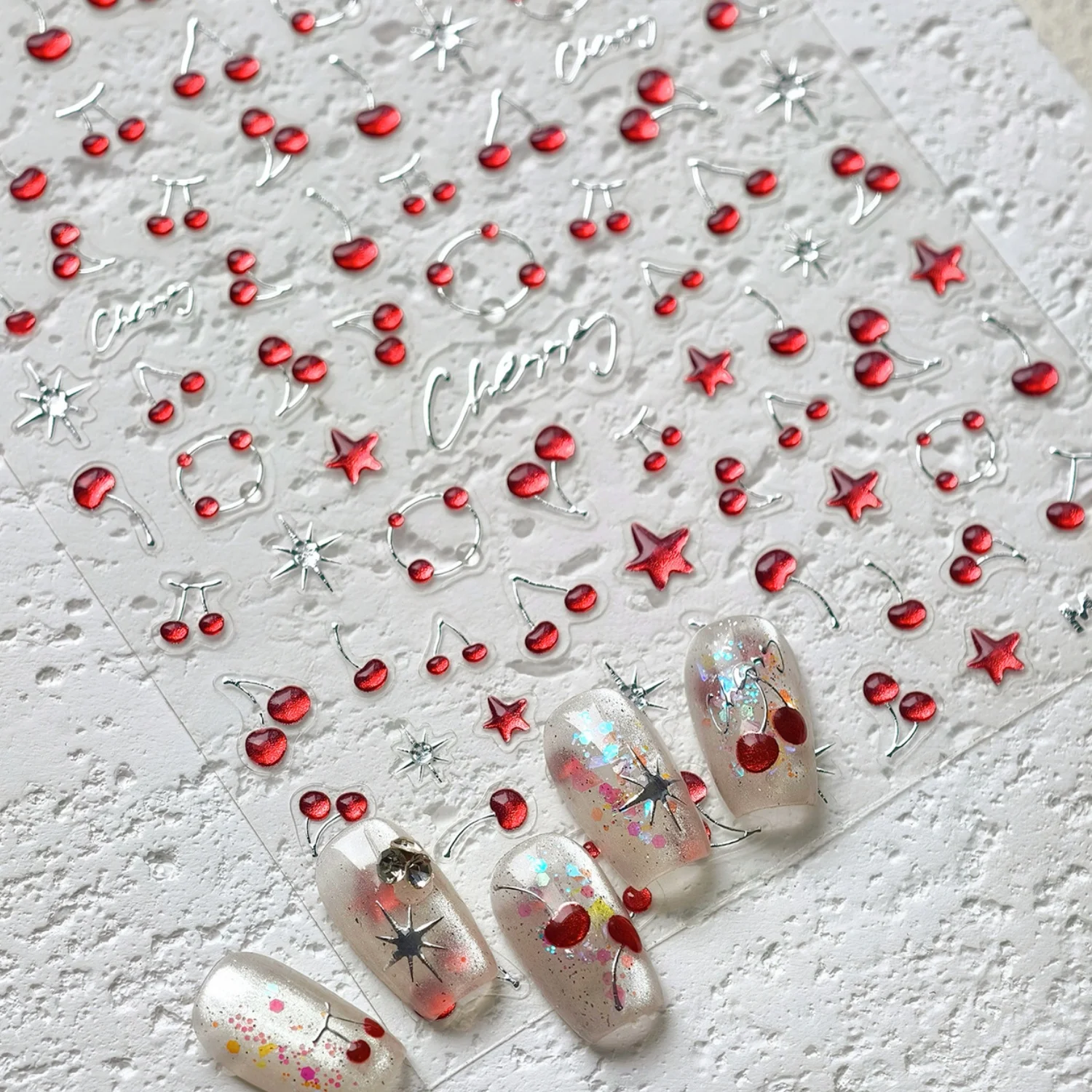 Niedliche Mini Rote Kirsch-Gelee-Stern-Sonnen-Frucht Charmante Silberne 3D 5D Selbstklebende Nagelkunst-Aufkleber Süße Maniküre-Abziehbilder Großhandel