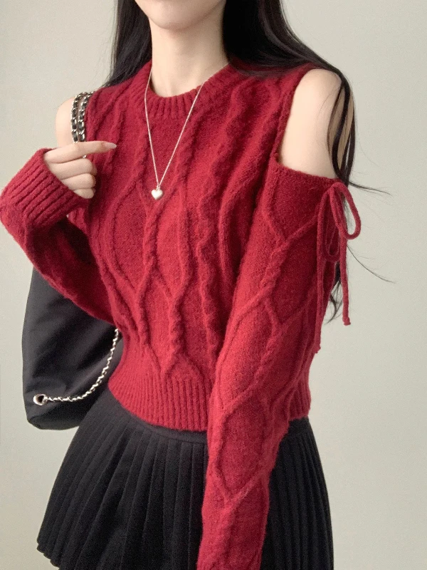 

Hong Kong Sle oulder Bared Long Sve Knitted Sweater Women's Spring Autumn Winter New Versatile Base irt Sexy Girl Ti...