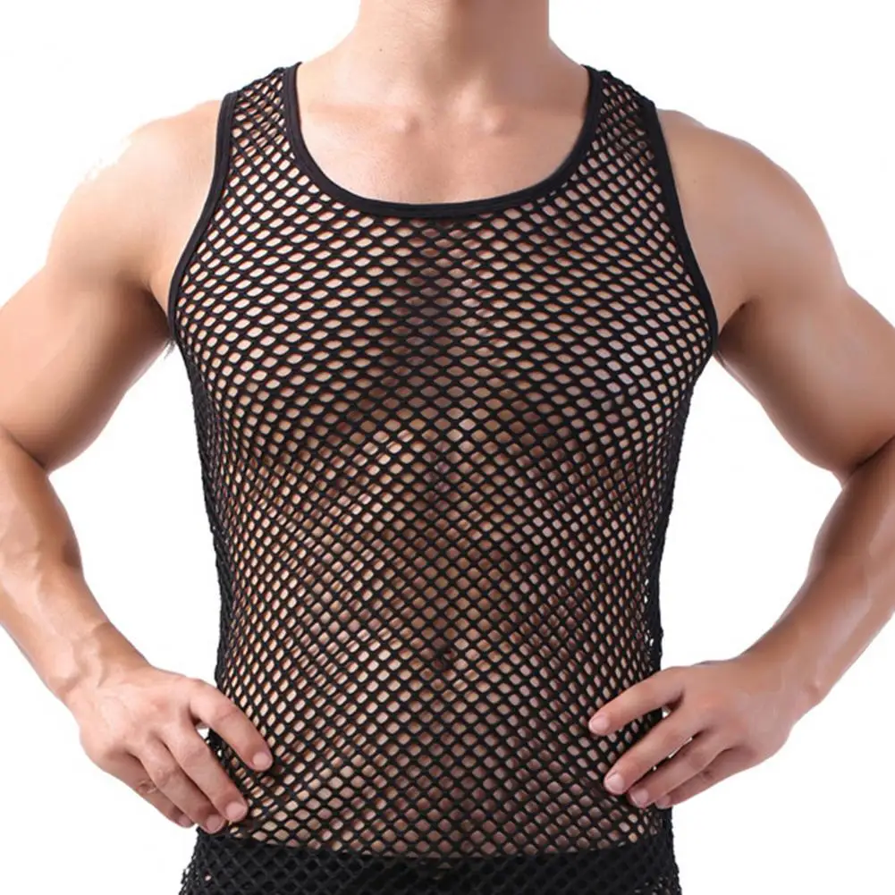 Visnet Mannen Sexy Mesh Tank Tops Transparante Slaap Tops Mannelijke Ondergoed Pure Kleur Vest Mouwloze Tops Ondergoed Mannelijke Hemd