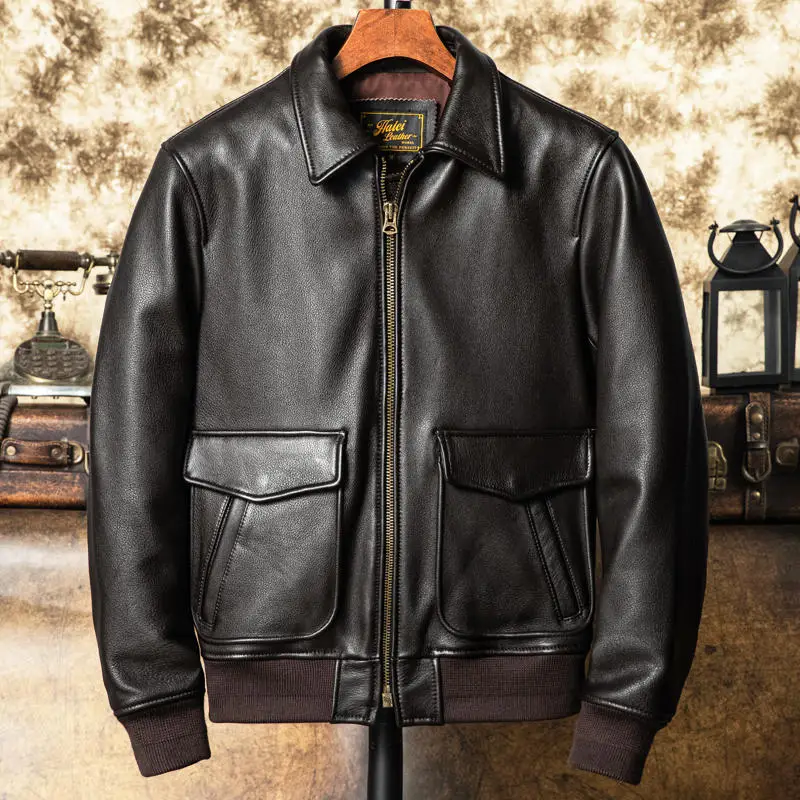 Dark Brown Autumn Pilot Leather Jacket Men Military Style Plus Size 5XL Natural Cowhide Slim Short Aviation Genuine Leather Coat