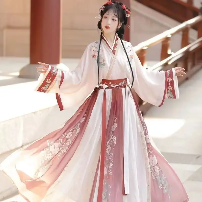 ผู้หญิงจีนHanfu Gradientแบบดั้งเดิมเย็บปักถักร้อยเวทีเต้นรําชุดเจ้าหญิงFairyโบราณชุดคอสเพลย์