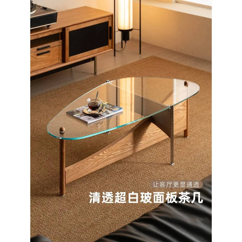 

Ultra-white glass panel coffee table solid wood transparent legs oval frameless ultra-light and transparent living room