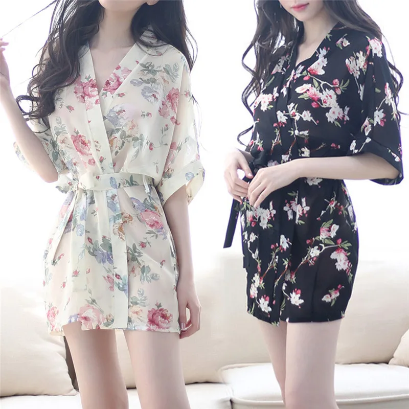 Women Floral Print Sexy Lingerie Nightdress Underwear Robe Chiffon Sleepwear