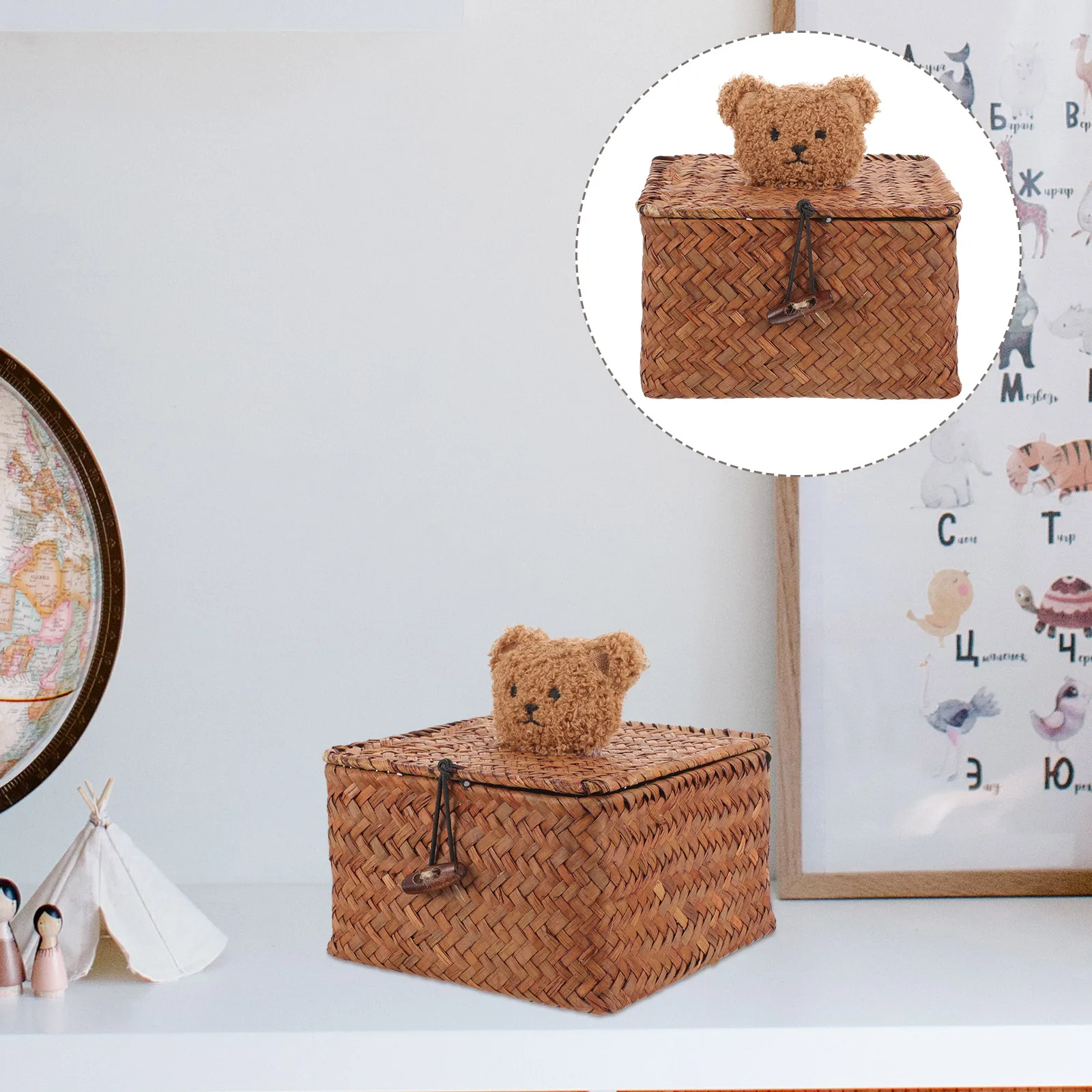 

Small Bear Storage Box Natural Seagrass Woven Basket Iron Wire Frame Organizer For Home Bedroom Bathroom Shelf Baskets