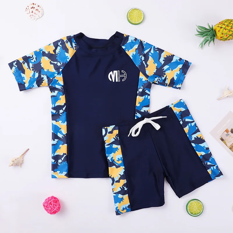 Child Boys Swim T-shirt Tops+Shorts Trunks Suit Baby Swimwear Quick Drying Cute Toddler Cartoon Beach Kids Boy Swimming Swimsuit