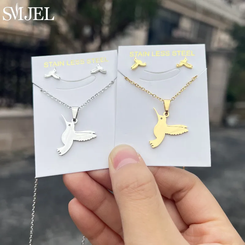 SMJEL Unique Animal Stainless Steel Earrings Small Flying Bird Pendant Hummingbird Necklace for Women Jewelry Personality Gifts