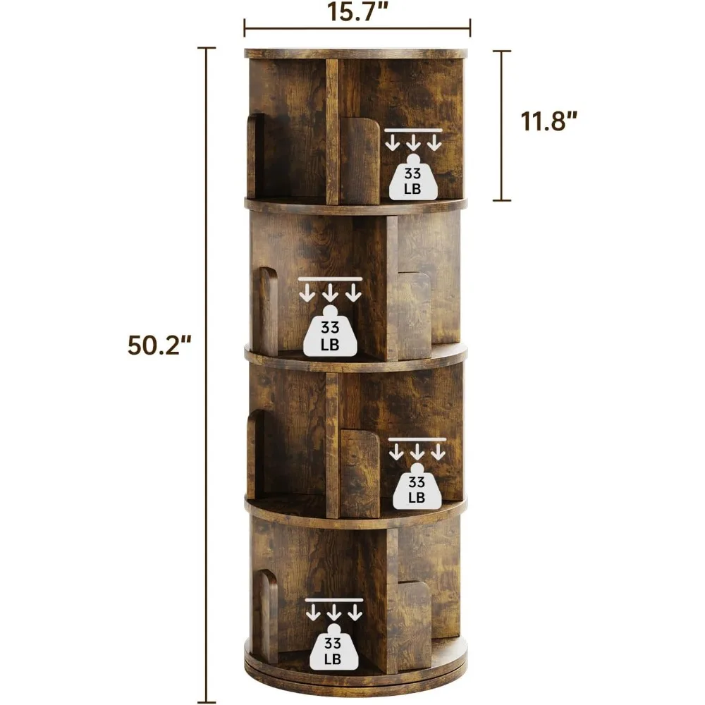 Obrotowy regał na książki, 360° °   Obrotowy regał na małą przestrzeń, regał narożny do sypialni, salonu, gabinetu, 4-poziomowy, brązowy