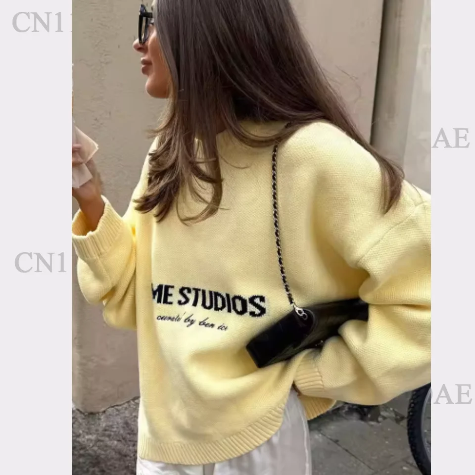 Women Yellow Letter Print Knitted Pullover Elegant O-neck Long Sleeve Loose Short Sweater 2025 Autumn Lady Daily Street Knitwear