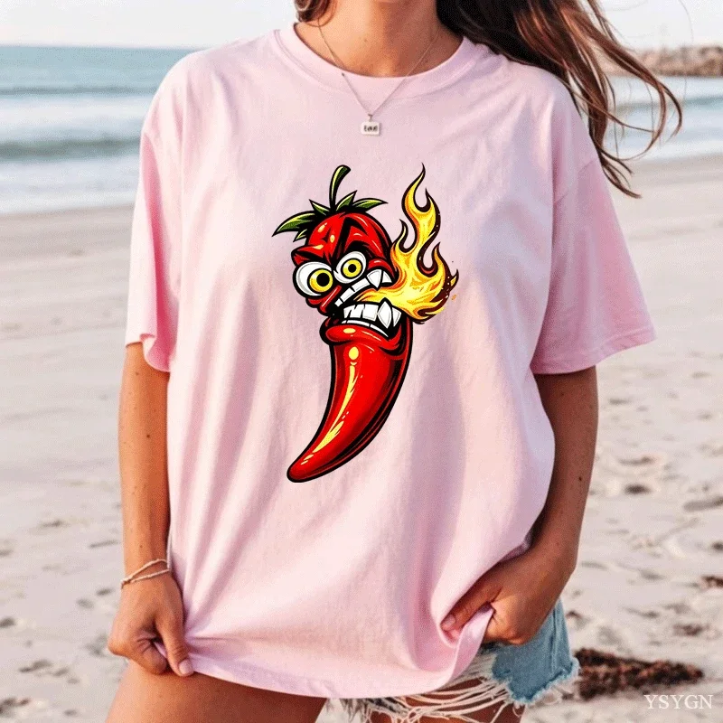 Cartoon Spicy Red Chili Breathing Fire Women Front Print T Shirt Hot Pepper Graphic Tee Casual Short Sleeve Top Food Lover Gift