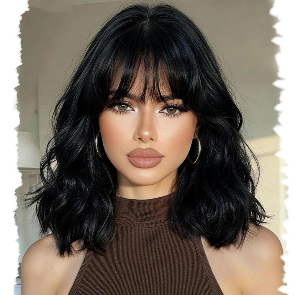

Short Bob Wavy Wigs for Women 14 Inch Black Curly Wig with Bangs Synthetic Natural Color Hair for Halloween& Cosplay and Daily
