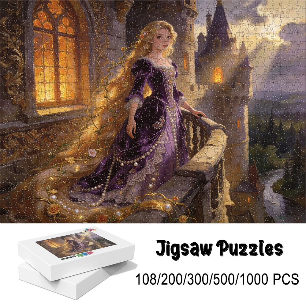 

Rapunzel Golden Hair Wooden Puzzle 108/200/300/500/1000pcs - Glowing Window & Medieval Castle Art