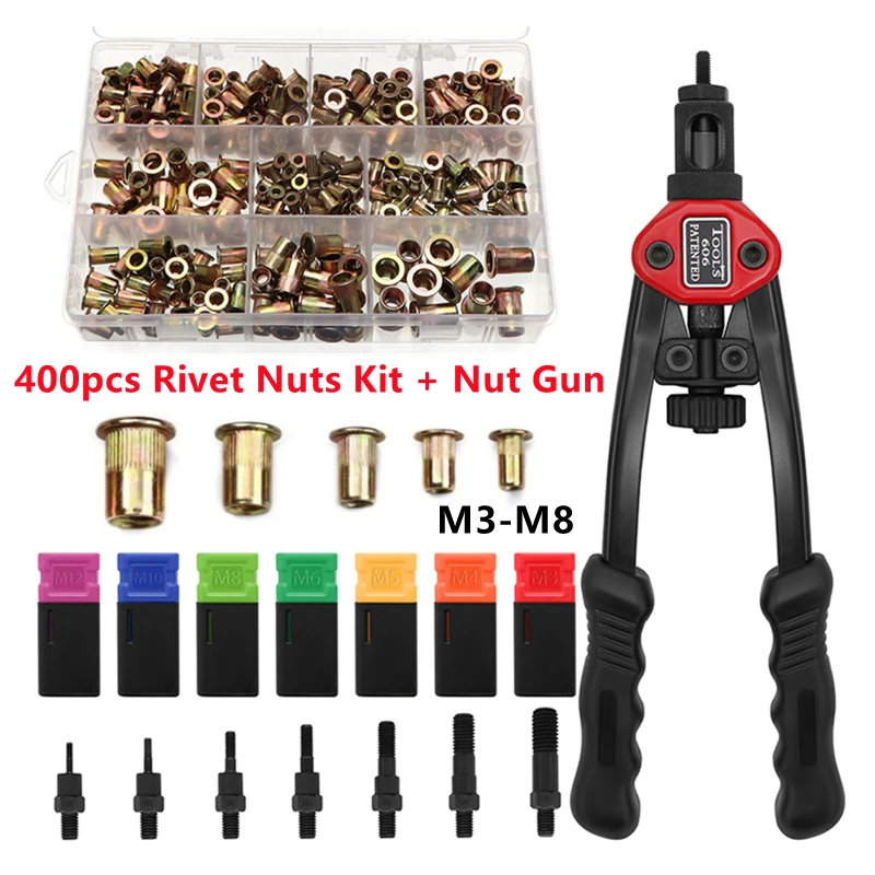 

400PCS Rivet Nuts Gun Mandrel Kit + BT606 Manual Riveter Gun Repairtool Flatheadscrew Pop M3 M4 M5 M6 M8 Nut Rivet Gun Set