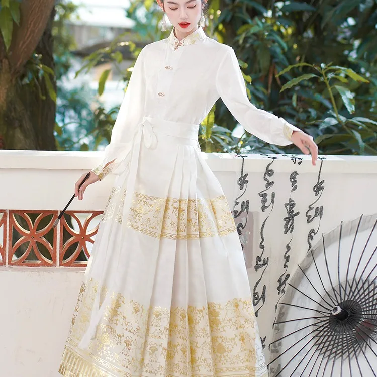 Ele Daily Hanfu Damen Gold Tead Satin Rock mit Wolkenmuster, hohe Taille, lang, Sve Long Dr Commute Sle Tradition...