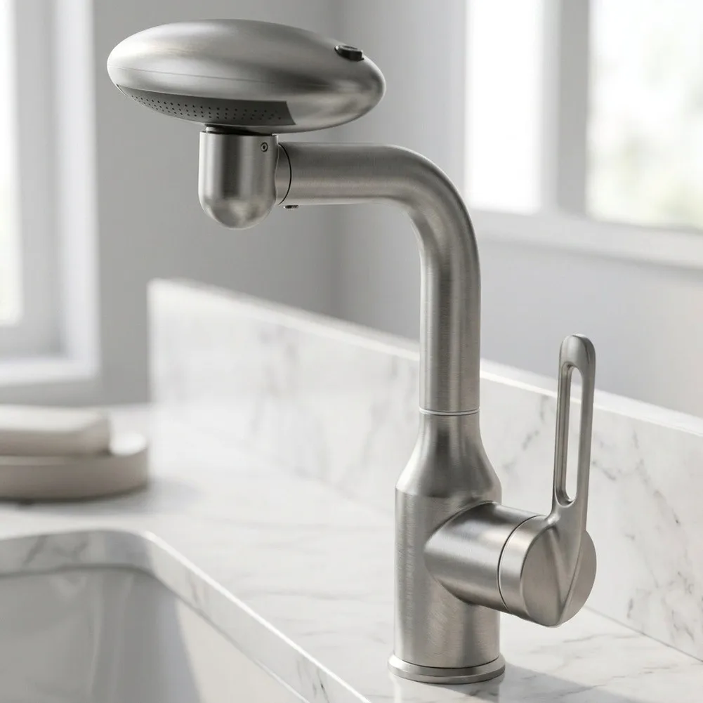 Gunmetal Finish Sink Faucet for Bathroom Use with Rain Waterfall Aerated Stream and Up Spray Outputs and Full Spout Rotation