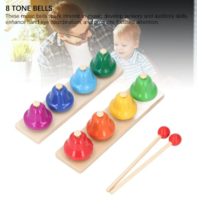 Sinos de mesa para crianças, instrumento de percussão, 8 notas, sinos musicais coloridos, instrumento de percussão, brinquedo com marretas de madeira