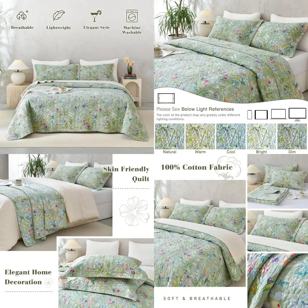 

Queen Size 100% Cotton Floral Quilt Set with Pillowcases - Green Summer Bedspread & Coverlet