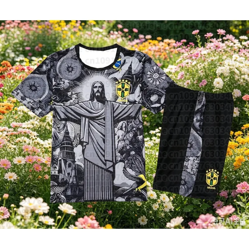 2026 Streetwear 2 Piece Set for Adults and Kids Brazil Christ The Redeemer Short Sleeve T Shirt Shorts Summer Football Tracksuit