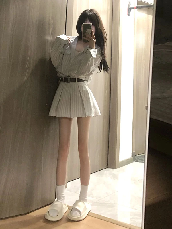 Ele ストライプ柄ロングスカート レディース 初秋 2025 新作 小さいサイズ ウエストインナーリング スリムスカート フレンチスタイル