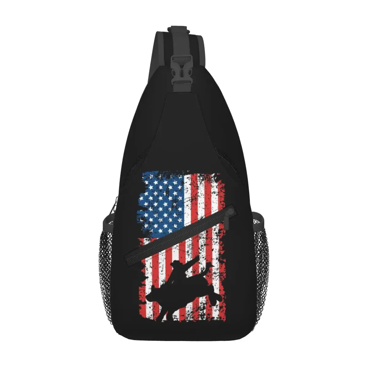 Bull Rider, Rodeo, American Flag Chest Bag Men Sling Crossbody Backpack Chest Bag Traveling Hiking Daypack Shoulder Bag