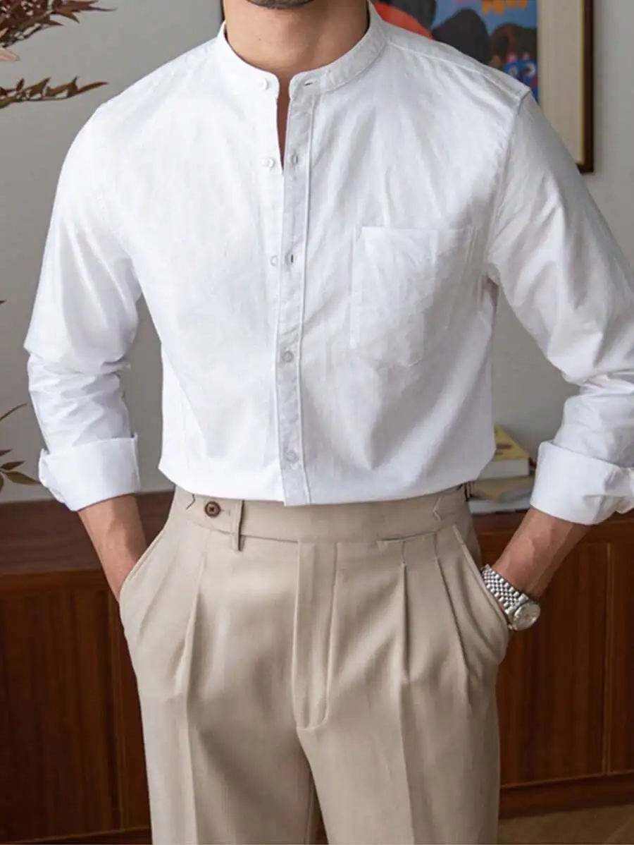 

Men's White Stand Collar Long Sleeve Casual Business Shirt