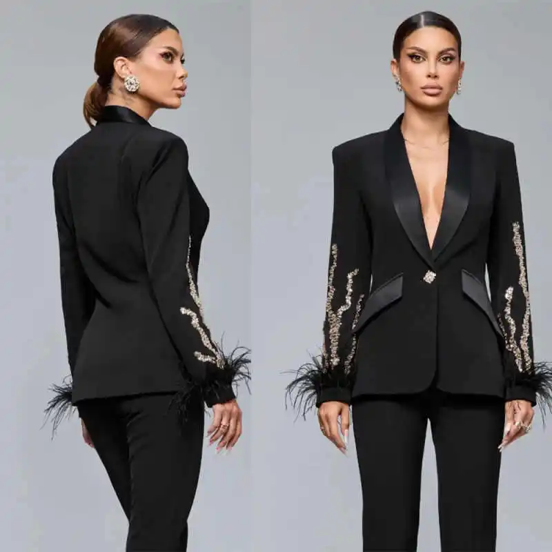 

Elegant Crystals Women Suits One Button Shawl Lapel Office Ladies Work Jacket Plus Size Feather Customized 2 Pieces Outfits