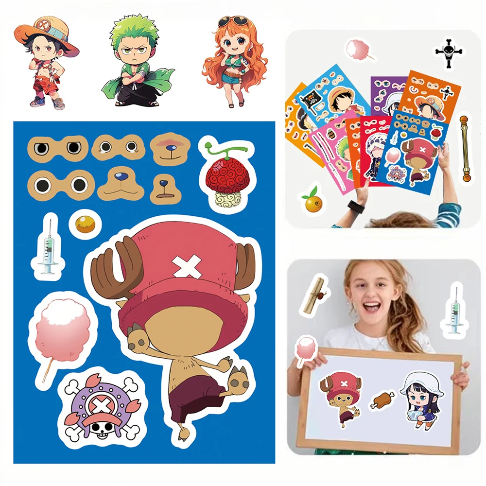 

8/16sheets Children DIY ONE PIECE Puzzle Stickers Cute Luffy Make a Face Jigsaw Decal Cartoon Kid Assemble Game Sticker Toy Gift
