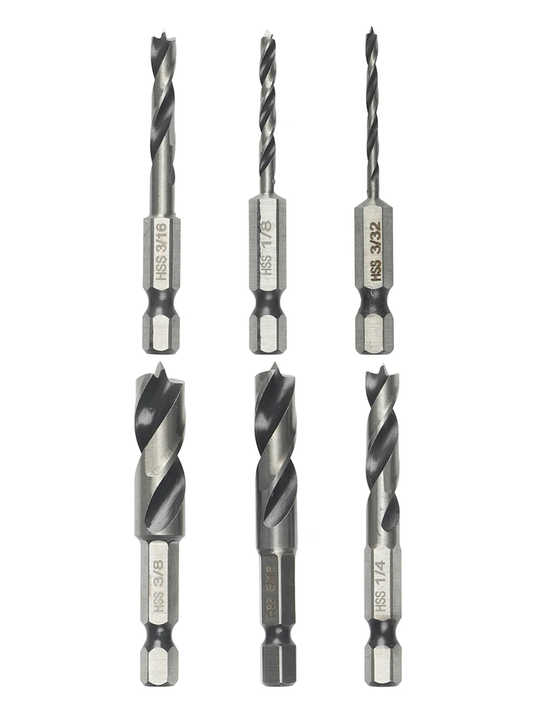 6 Stuks Punt Boor Hoge Snelheid Staal Voor Hout Met 1/4 Inch Verandering Hex 3/32 1/8 3/16 1/4 5/16 3/8 Hardware Accessoires