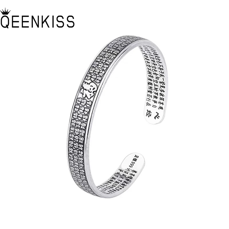 QEENKISS 925 Sterling Silver Vintage FU Bracelet Bangle For Women Party Birthday Wedding Christmas Bride Mother Lady Gift BT6180