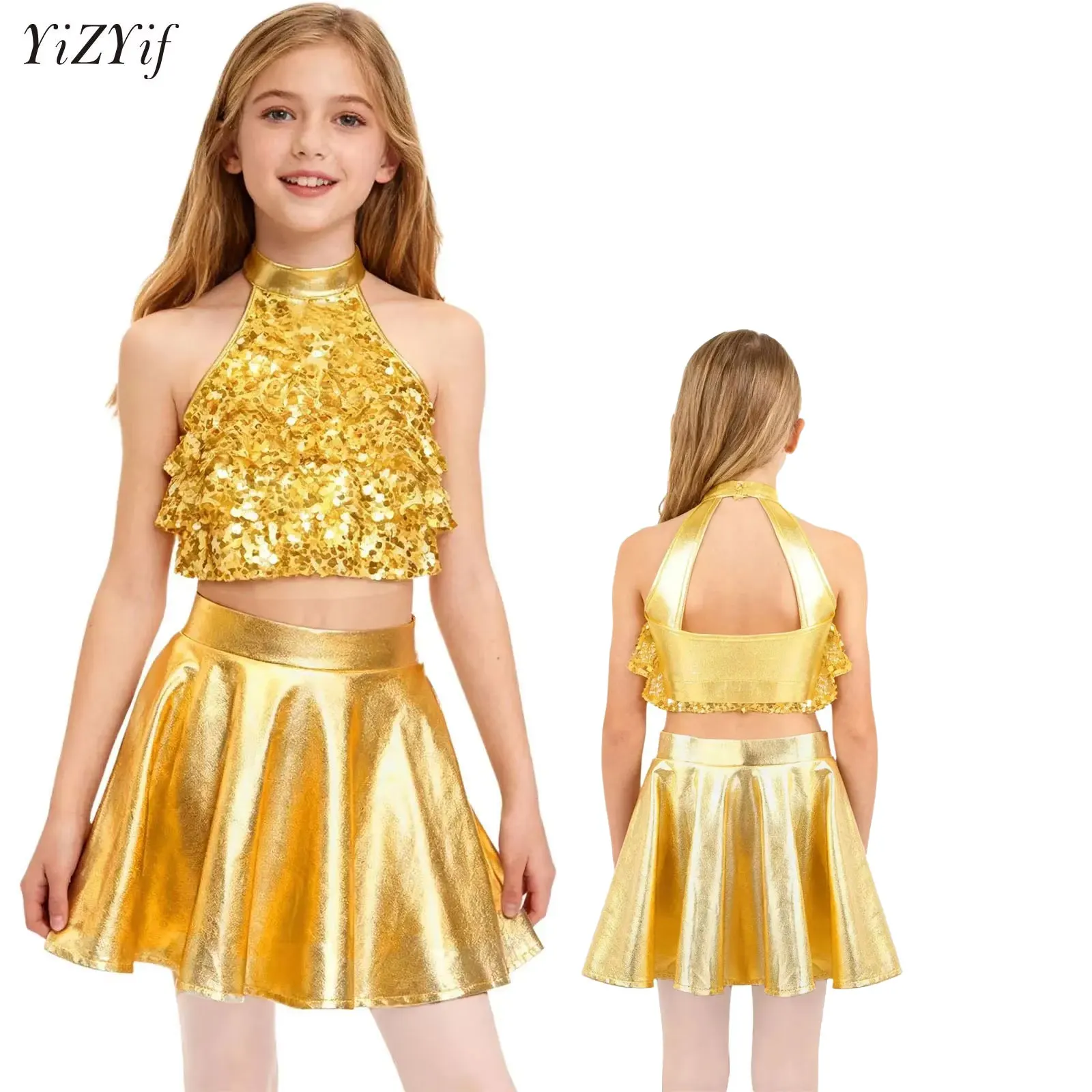 

Kids Girls Dance Performance Outfit Shiny Sequin Tiered Crop Top with Ruffled Skirt 2 PCS Ballet Jazz Latin Ballroom Dance Set