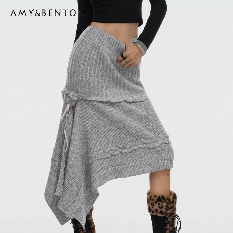 

Original Design Retro Knitted Women's Half Skirt Autumn Winter New Irregular Ribbon Sexy Sweet Cool Mid Length Skirts Ladies