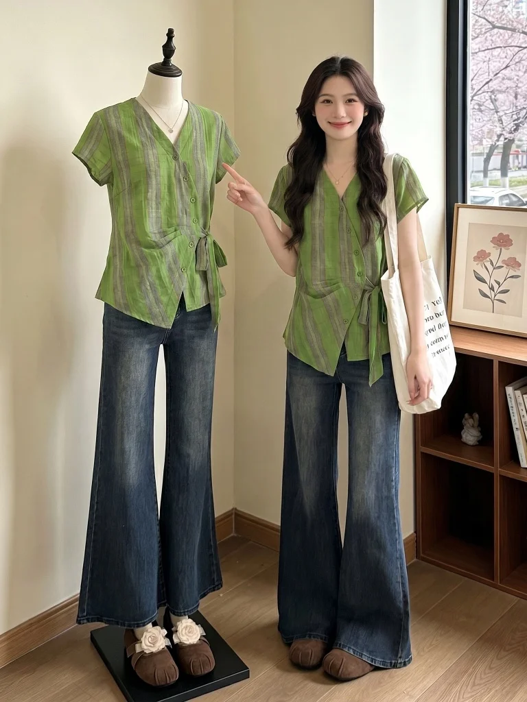 

Elegant Green Striped V-Neck Shoulder Shirt Women's plus Size Summer New Style Tie Waist Top Korean Style Commute Fashion