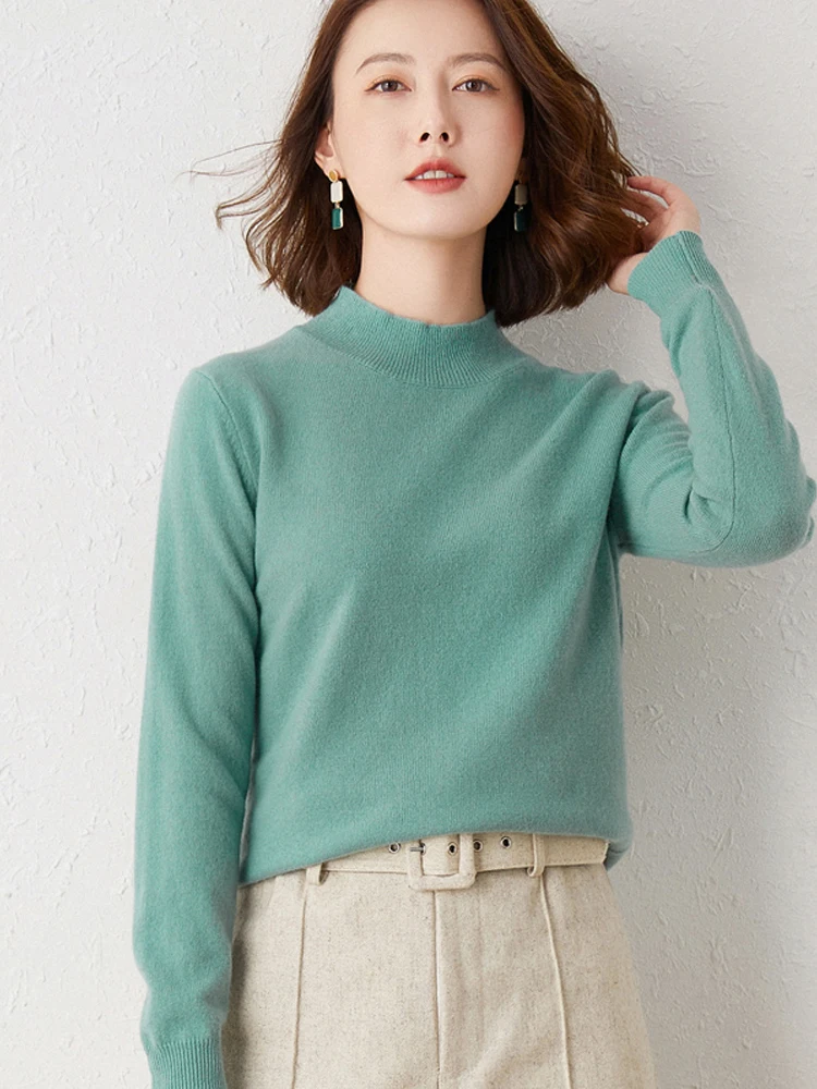 Women Solid Half High Collar Cashmere Sweater Autumn Winter Loose Plus-Size Knitted Wool Casual Sweater Bottoming Shirt