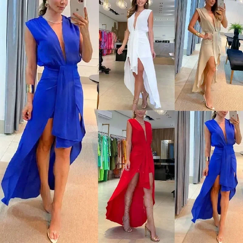 

Irregular Hem Luxury Dresses Women Designers Elegant Long Dress Deep V Neck Chic Woman Sexy Backless Beach Clothing Solid Color