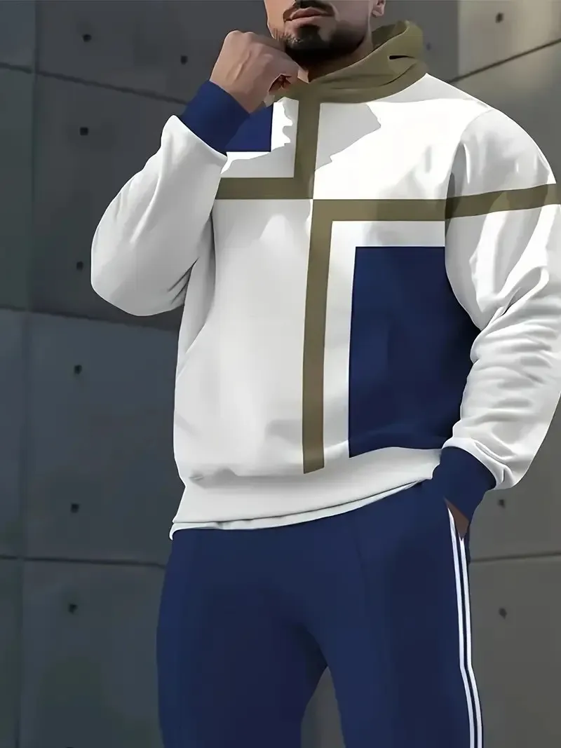 The new men's set for Spring and Autumn 2025 features a casual fashionable soft and comfortable 3D checkered pattern print