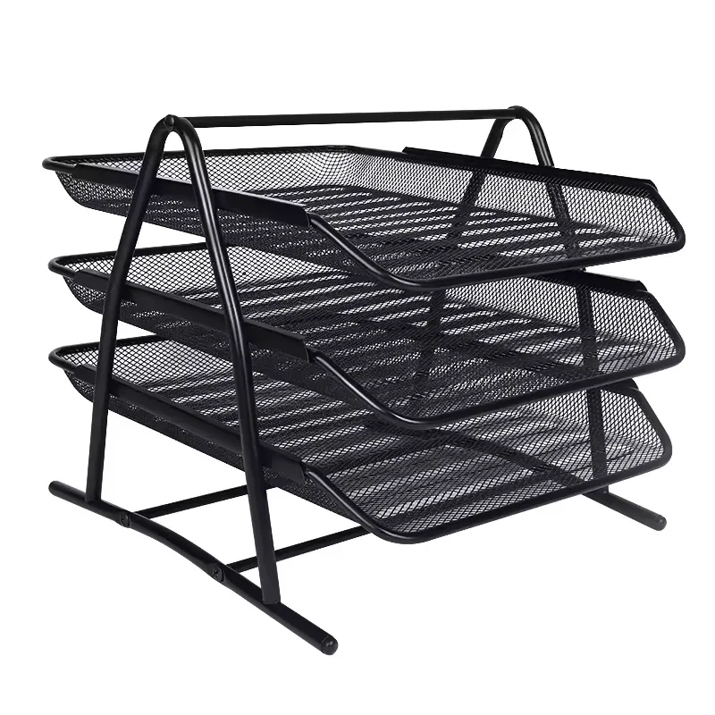 

Wholesale Mesh File Rack Organizer Desk Letter Tray Office School Paper Document Holder 3 Tier Metal Black Stackable File Tray