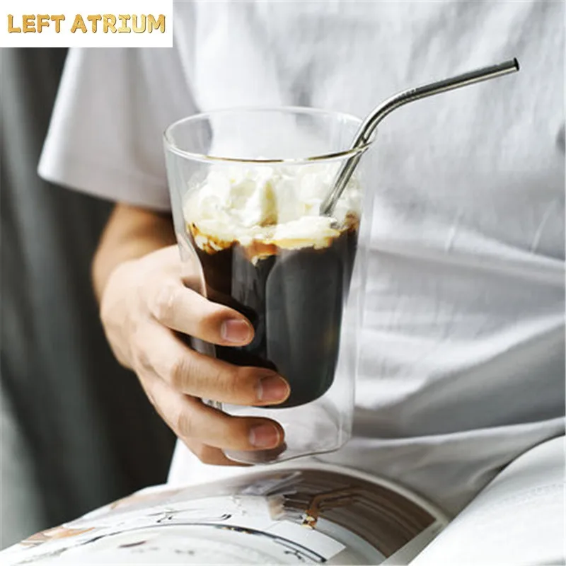 250ml 450ml Square Bottom Double Wall Glass Coffee Mug Home Summer Cold Drinking Juices Fruit Water Tea Cup Beer Mug
