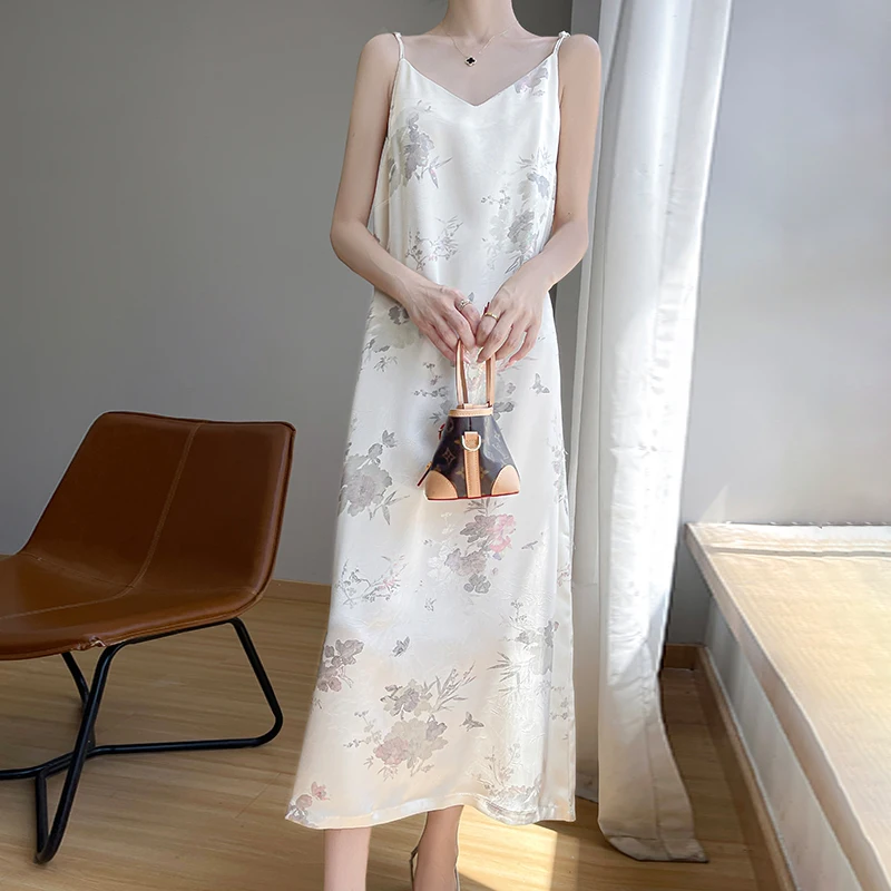 New Jacquard V-neck Sling Dress in Summer Women's New Chinese Acetic Satin Long Dress Suit with Bottom Skirt