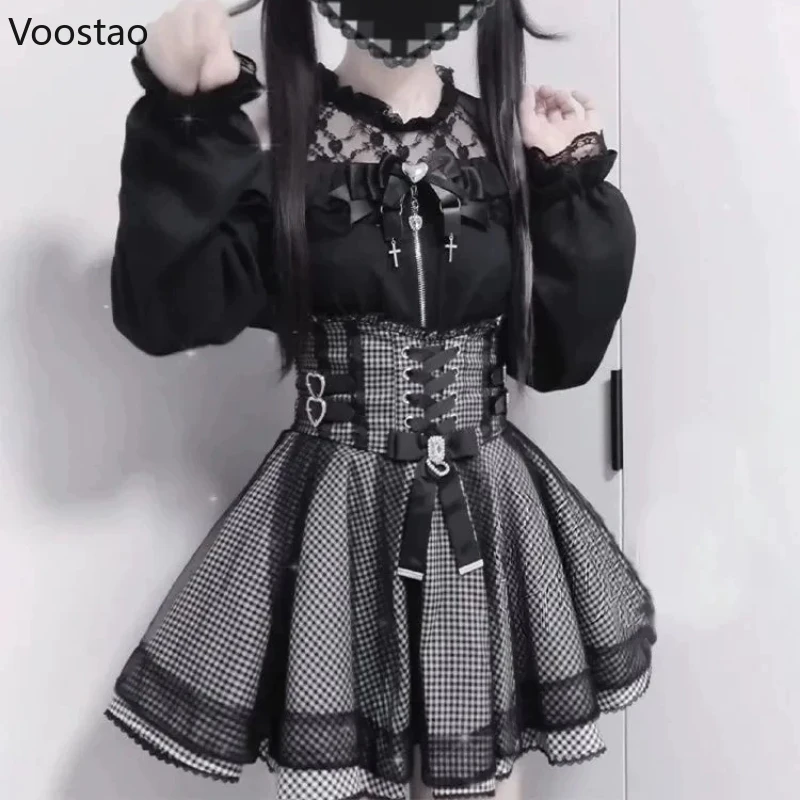 

Японский готический комплект юбки в стиле Лолиты Y2k, женский винтажный кружевной комплект с открытыми плечами и длинными рукавами, рубашка с бантом, топы, тонкая мини-юбка в клетку, костюм