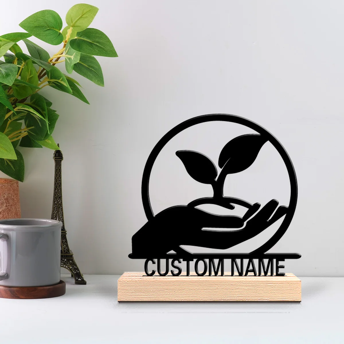 1pc New Design Personalized Custom Holding seedlings in hand Metal Statues With Wooden Base Tabletop ，Ideal for Personalized Gif