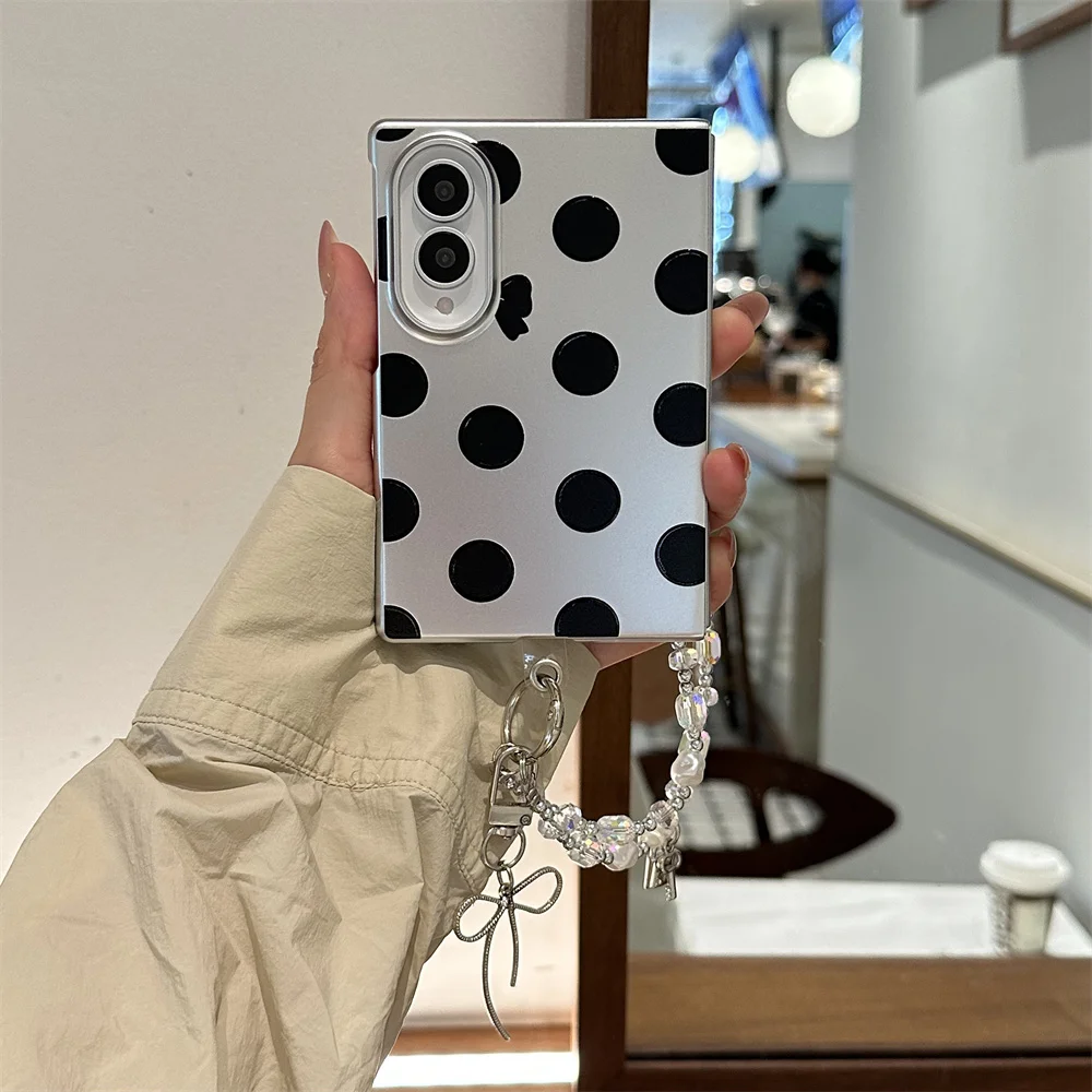 Classic Black Polka Dot Phone Case For Samsung Galaxy Z Fold 8 Ultra Silver Protective Cover Chain Bow Fashion Women Cover