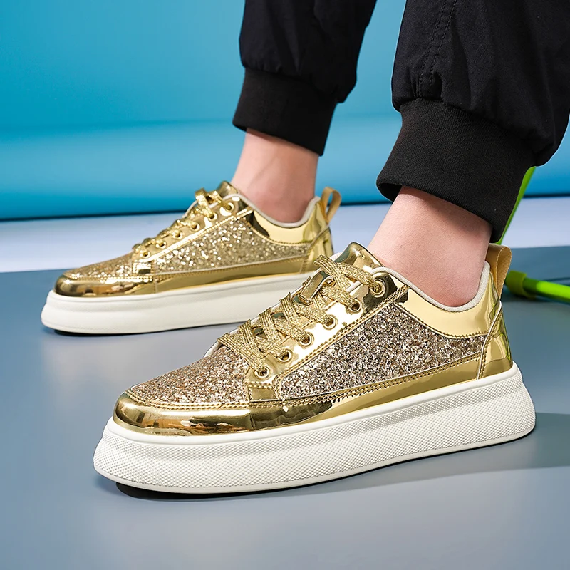 New Fashion Silver Glitter Sneakers Men Shiny Shoes Spring and Autumn Platform Casual Sneakers Men Couple Skateboard Shoes 2024