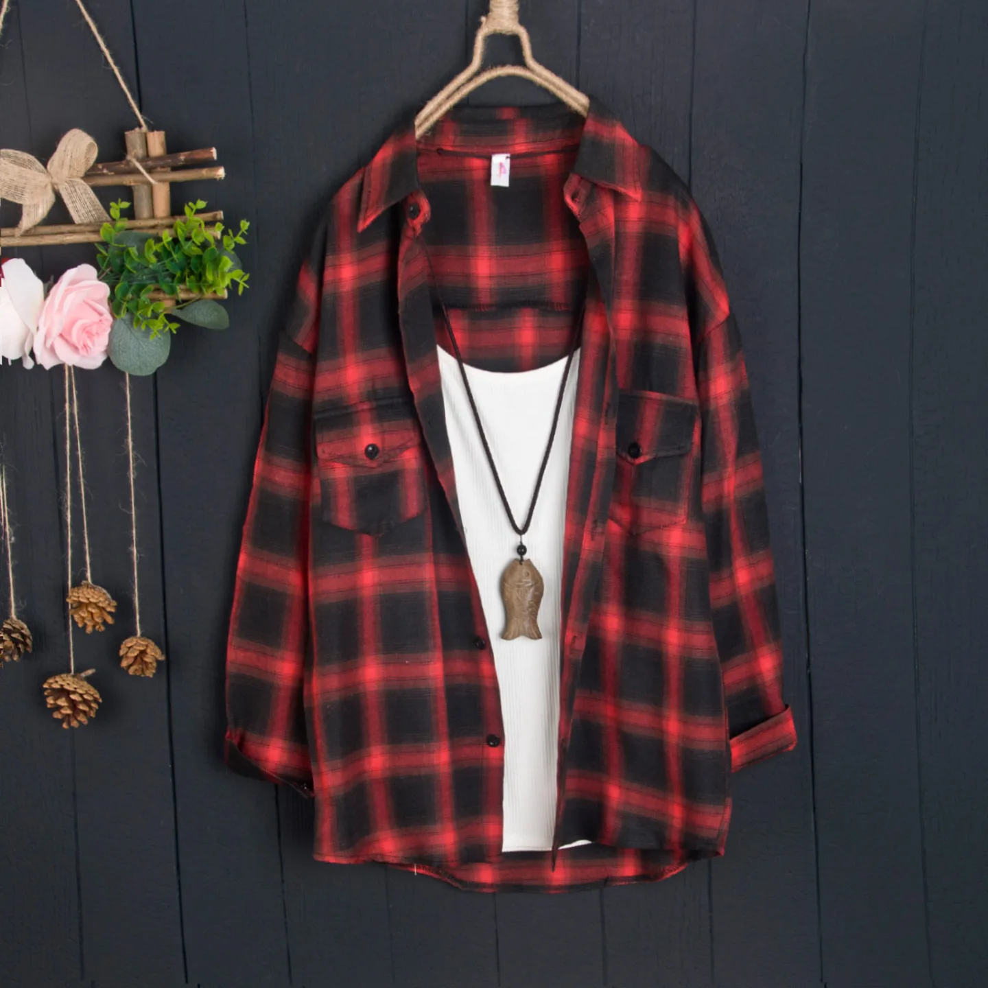 Camisa xadrez jaqueta de comprimento médio solta exterior estilo casual manga comprida camisa de algodão e linho blusas femininas primavera e verão