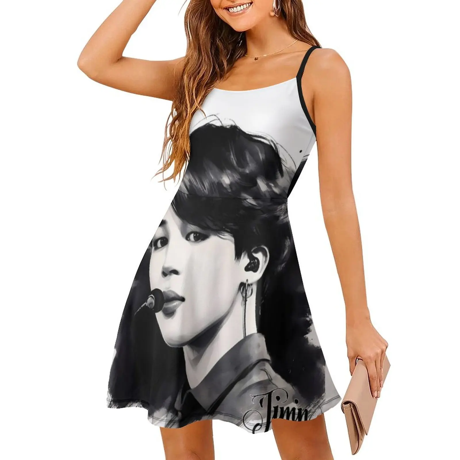 Gaun Mini Seksi Jimin dari Boys By Hello K-Pop untuk Wanita, Pesta Pantai, Ulang Tahun, Hitam Putih, Tinta Hitam