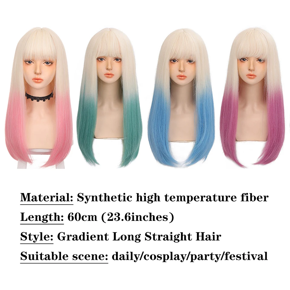 AILIADE Long Straight Blonde Pink Lolita Wigs Synthetic Wig with Bangs Natural Heat Resistant Party Cosplay Wigs for Women Girls